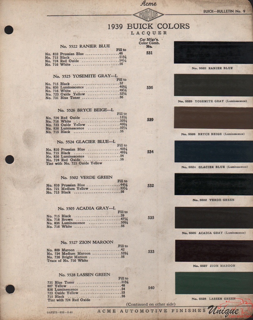 1939 Buick Paint Charts Acme 1